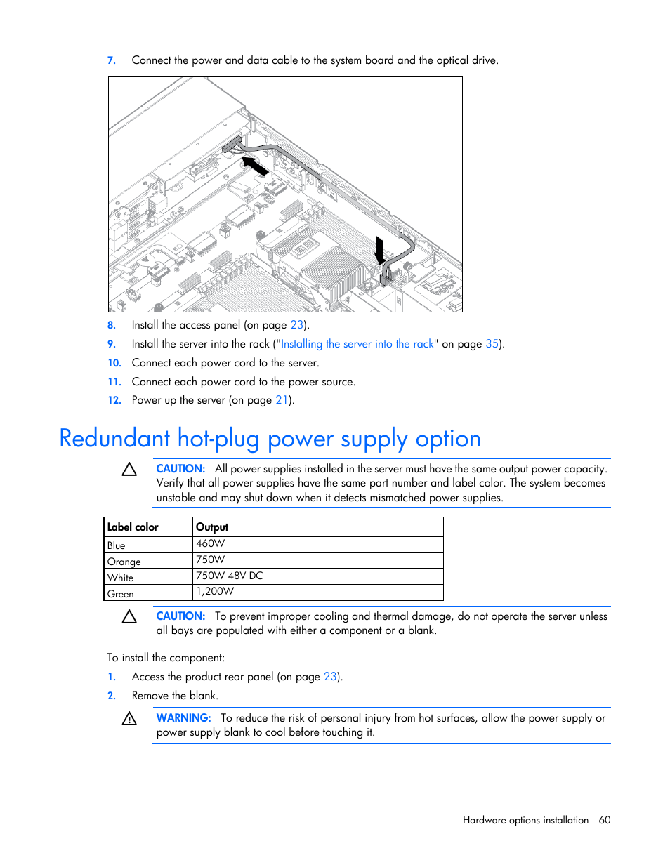 Redundant hot-plug power supply option | HP ProLiant DL380 Server User Manual | Page 60 / 128