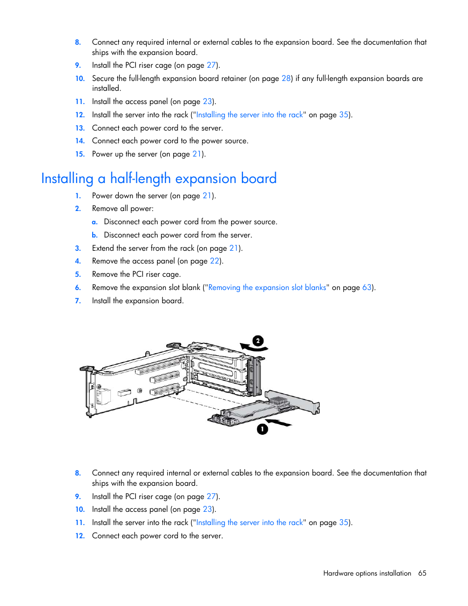 Installing a half-length expansion board | HP ProLiant DL380 Server User Manual | Page 65 / 128