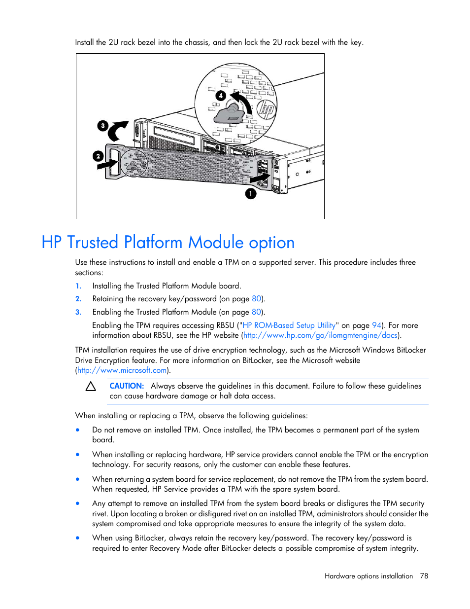Hp trusted platform module option | HP ProLiant DL380 Server User Manual | Page 78 / 128