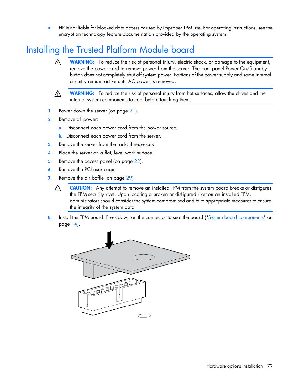 Installing the trusted platform module board | HP ProLiant DL380 Server User Manual | Page 79 / 128