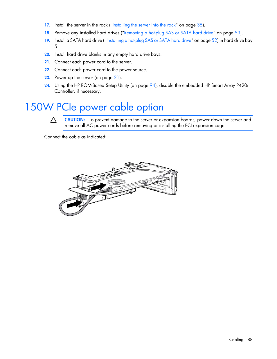 150w pcie power cable option | HP ProLiant DL380 Server User Manual | Page 88 / 128