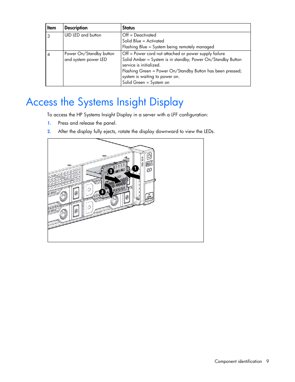 Access the systems insight display | HP ProLiant DL380 Server User Manual | Page 9 / 128