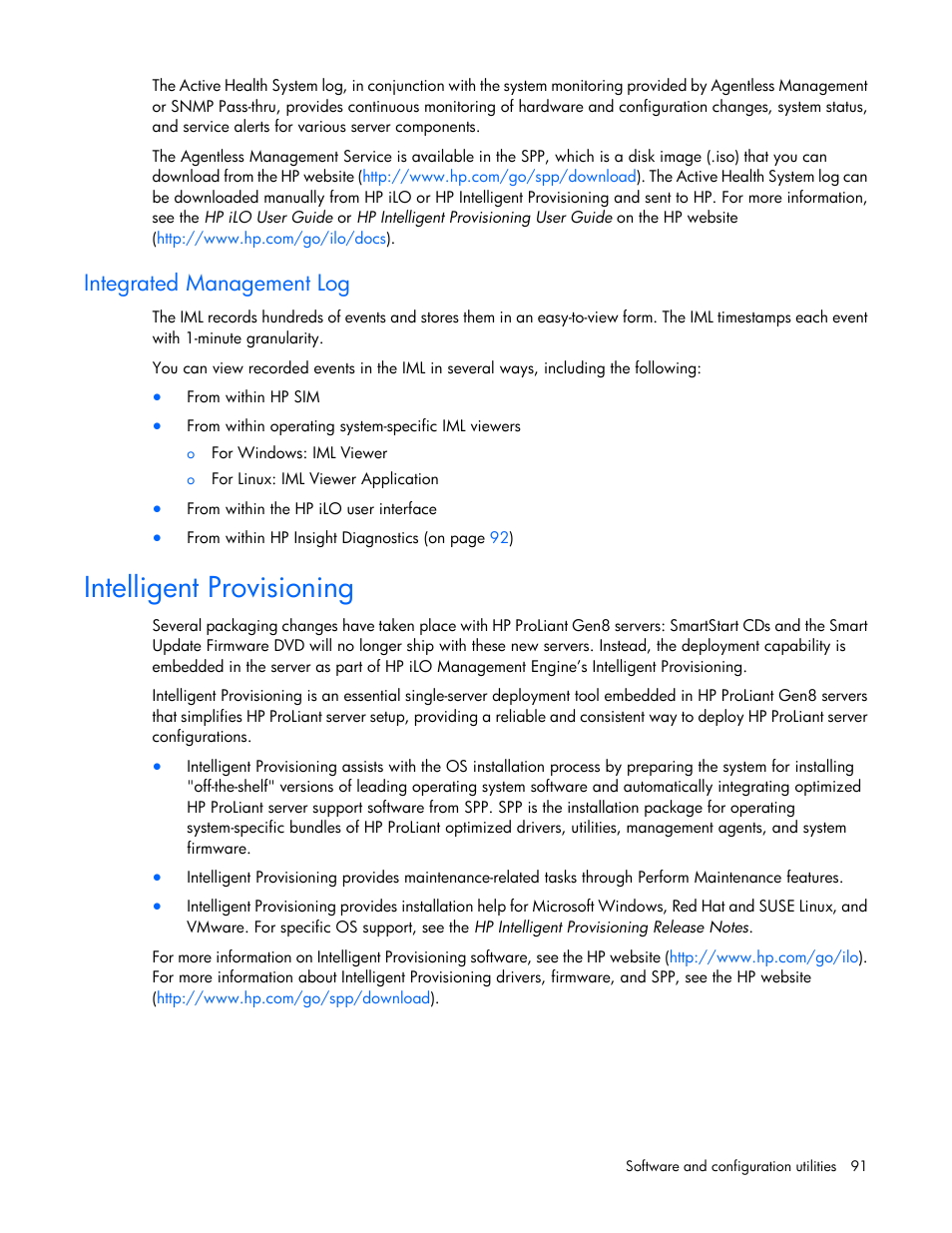 Integrated management log, Intelligent provisioning | HP ProLiant DL380 Server User Manual | Page 91 / 128