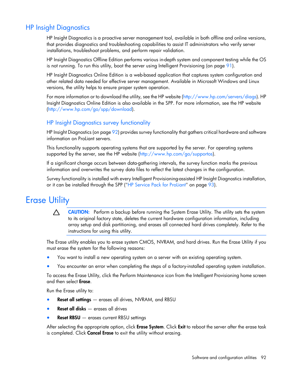 Hp insight diagnostics, Hp insight diagnostics survey functionality, Erase utility | HP ProLiant DL380 Server User Manual | Page 92 / 128
