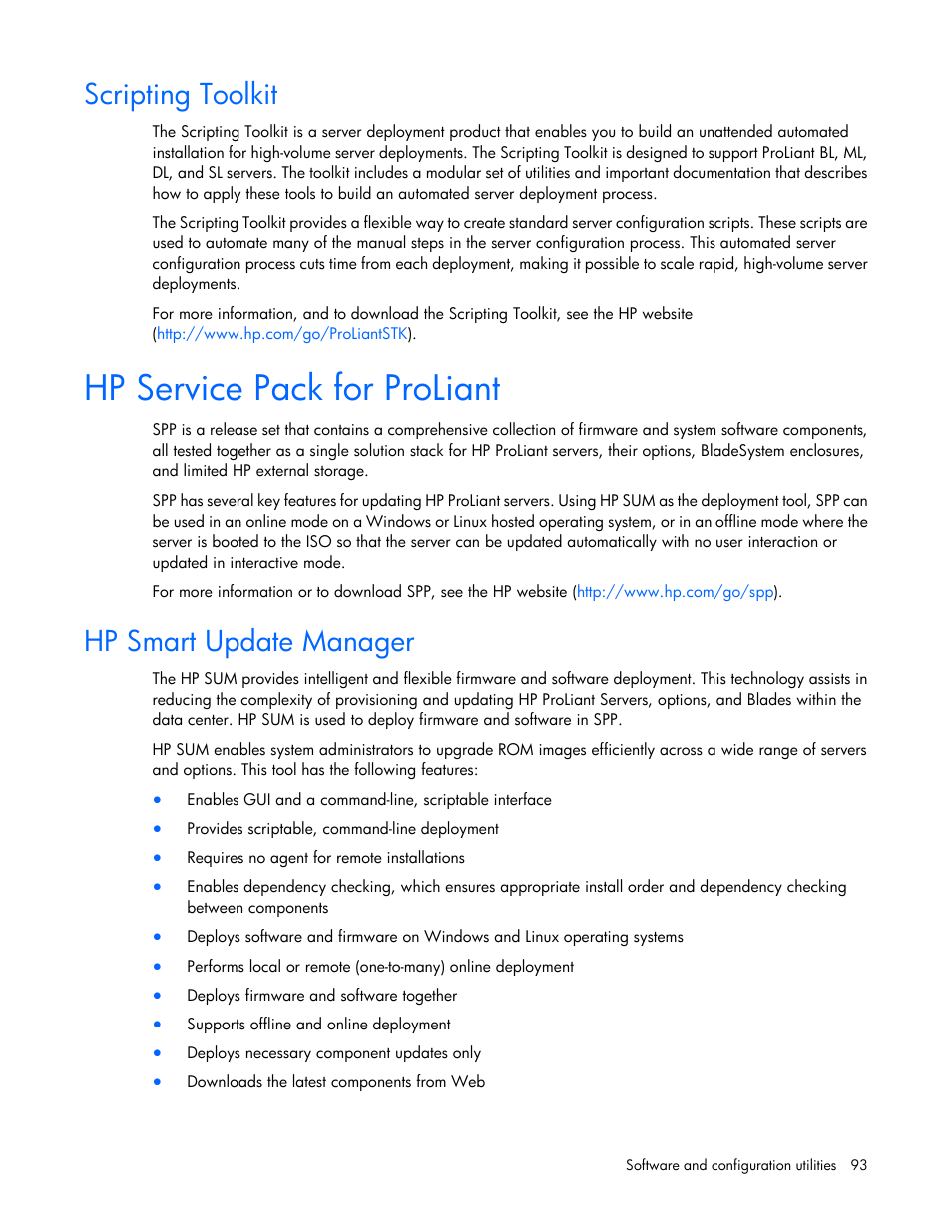 Scripting toolkit, Hp service pack for proliant, Hp smart update manager | HP ProLiant DL380 Server User Manual | Page 93 / 128