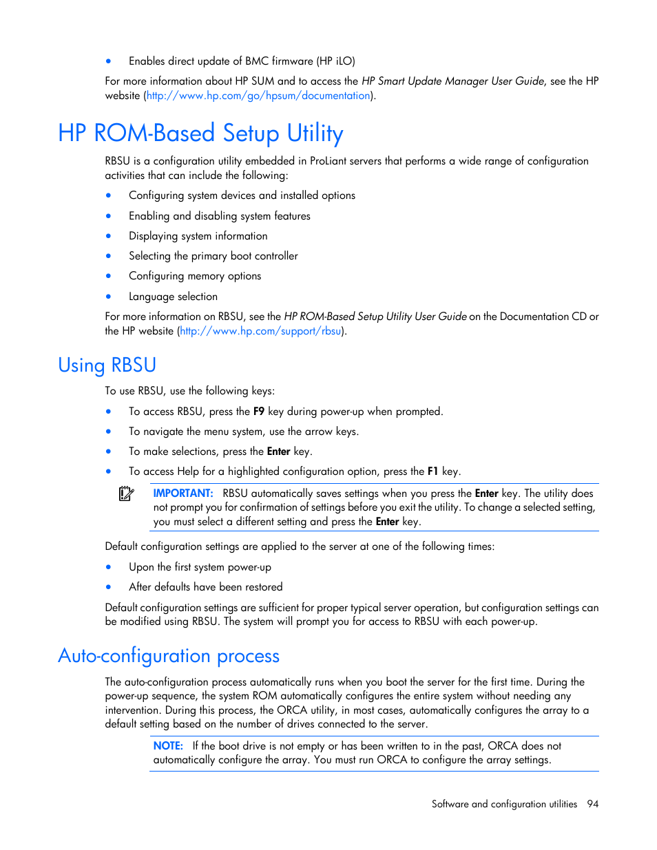 Hp rom-based setup utility, Using rbsu, Auto-configuration process | HP ProLiant DL380 Server User Manual | Page 94 / 128