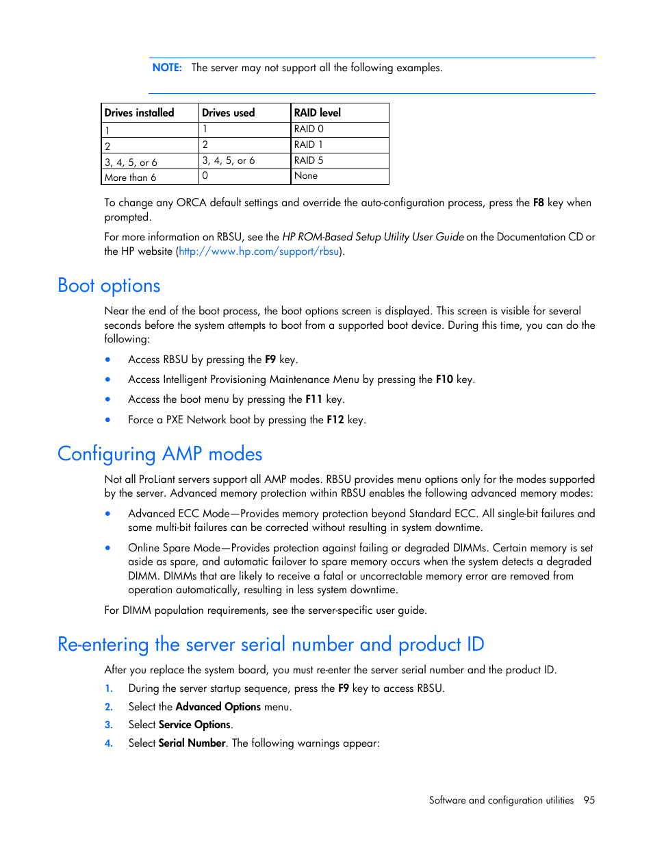 Boot options, Configuring amp modes | HP ProLiant DL380 Server User Manual | Page 95 / 128