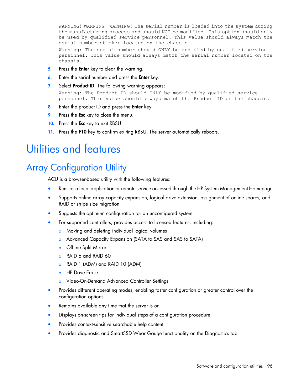 Utilities and features, Array configuration utility | HP ProLiant DL380 Server User Manual | Page 96 / 128