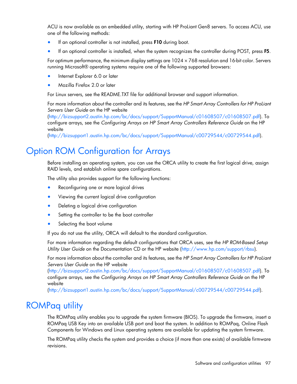 Option rom configuration for arrays, Rompaq utility | HP ProLiant DL380 Server User Manual | Page 97 / 128