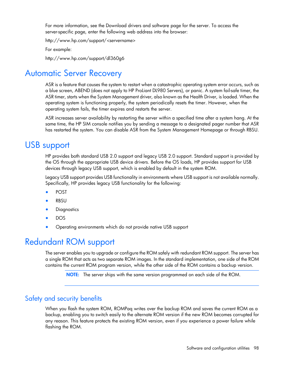 Automatic server recovery, Usb support, Redundant rom support | Safety and security benefits | HP ProLiant DL380 Server User Manual | Page 98 / 128