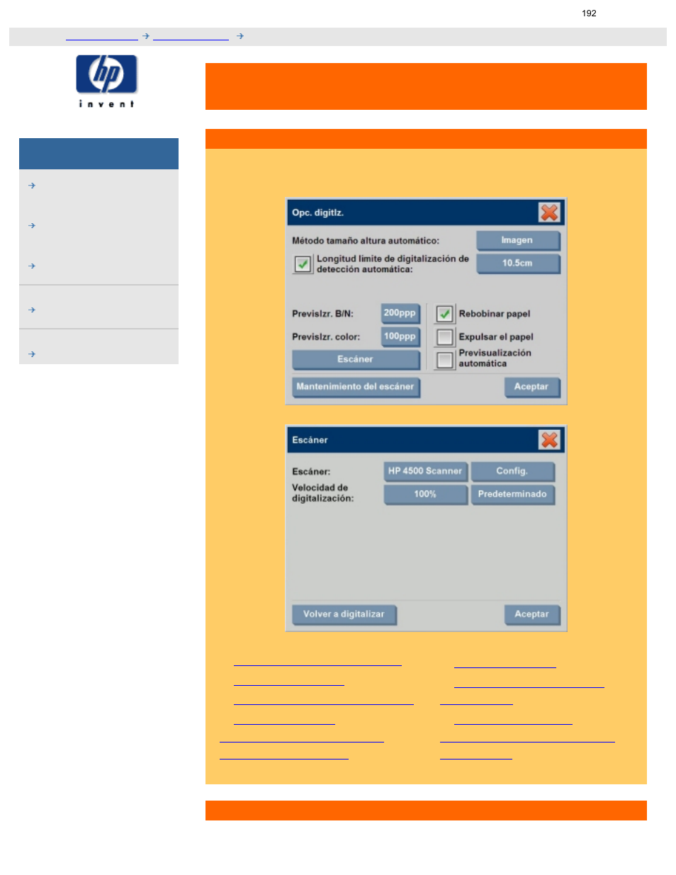 Djcc-85.htm, Acerca de las opciones de digitalización, Opciones y preferencias de digitalización | Escáner, opciones, Resolución, opciones de digitalización, Resolución, en pantalla para previsualización, Opciones y preferencias, Acerca de opciones y preferencias del escáner, Previsualizar, ppp, Acerca de | HP Designjet T1100 serie MFP User Manual | Page 192 / 272