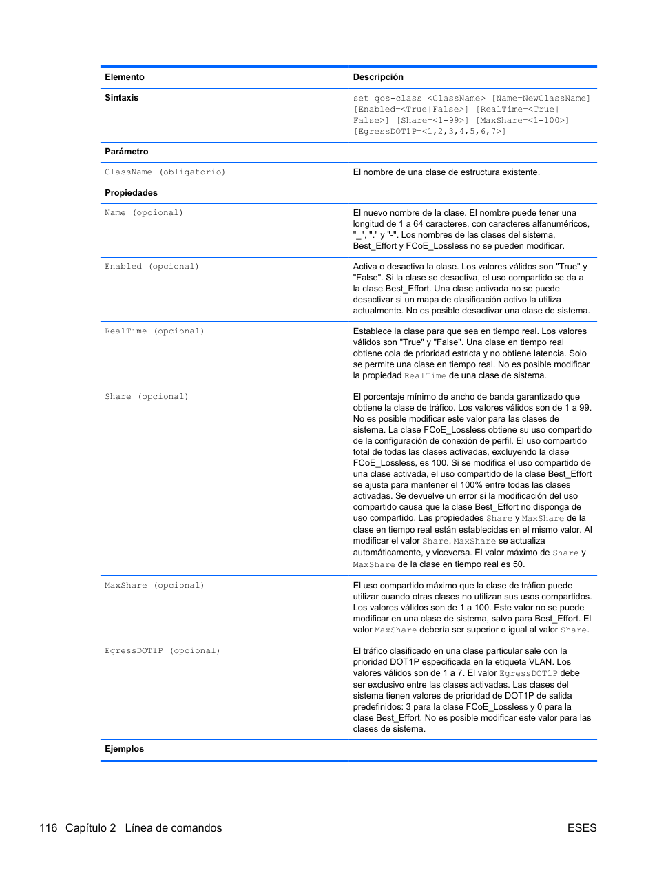 116 capítulo 2 línea de comandos eses | HP Módulo de conexión virtual HP FlexFabric de 10 Gb24 puertos para BladeSystem clase-c User Manual | Page 123 / 268