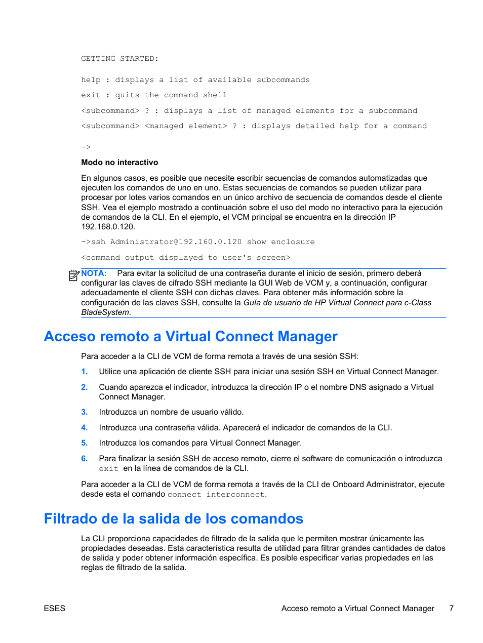 Acceso remoto a virtual connect manager, Filtrado de la salida de los comandos | HP Módulo de conexión virtual HP FlexFabric de 10 Gb24 puertos para BladeSystem clase-c User Manual | Page 14 / 268