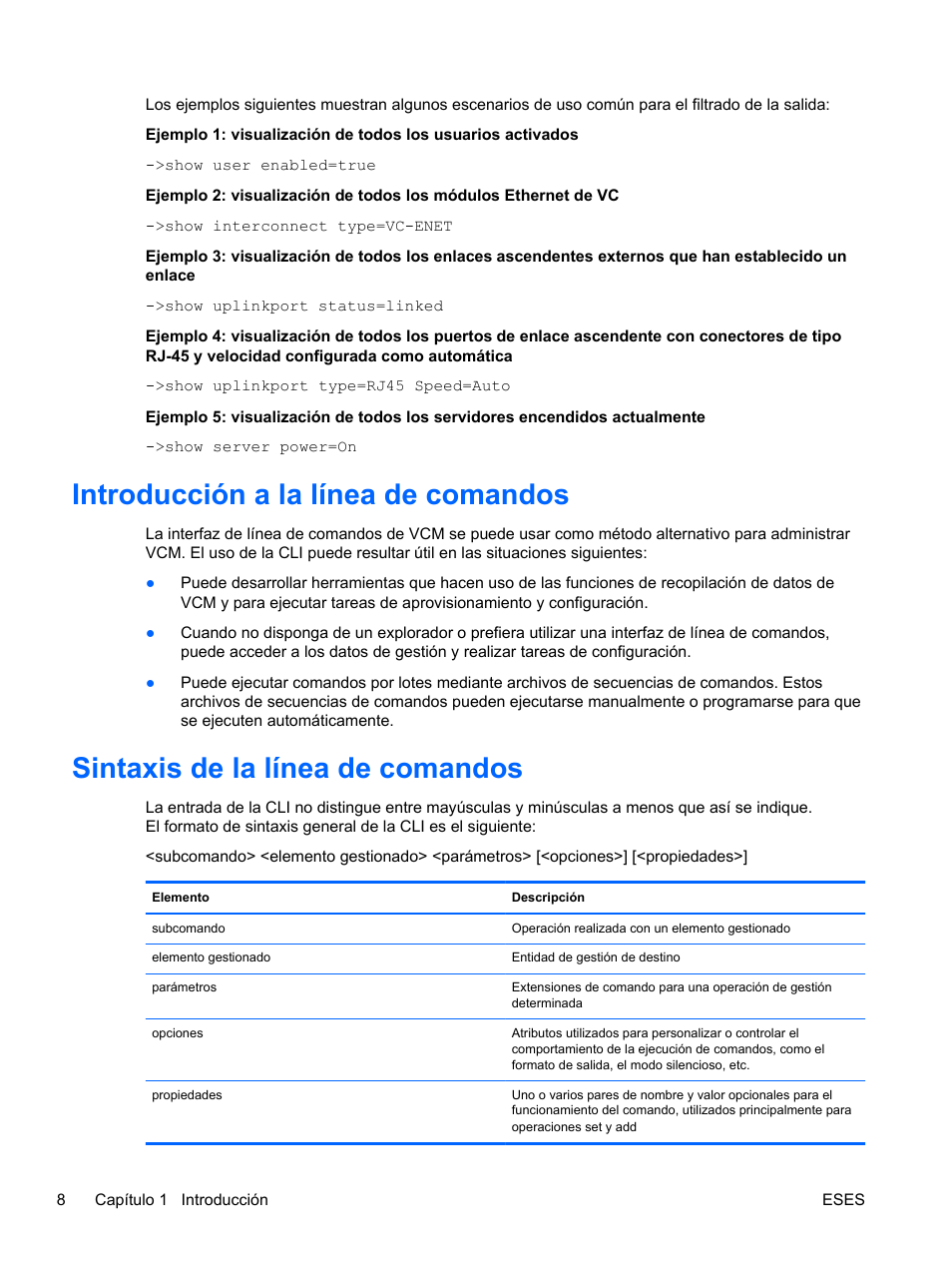 Introducción a la línea de comandos, Sintaxis de la línea de comandos | HP Módulo de conexión virtual HP FlexFabric de 10 Gb24 puertos para BladeSystem clase-c User Manual | Page 15 / 268
