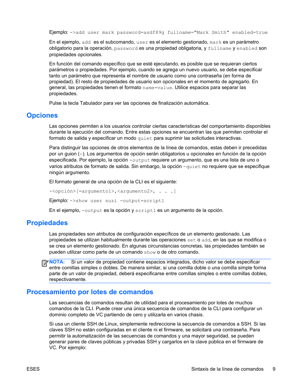 Opciones, Propiedades, Procesamiento por lotes de comandos | HP Módulo de conexión virtual HP FlexFabric de 10 Gb24 puertos para BladeSystem clase-c User Manual | Page 16 / 268