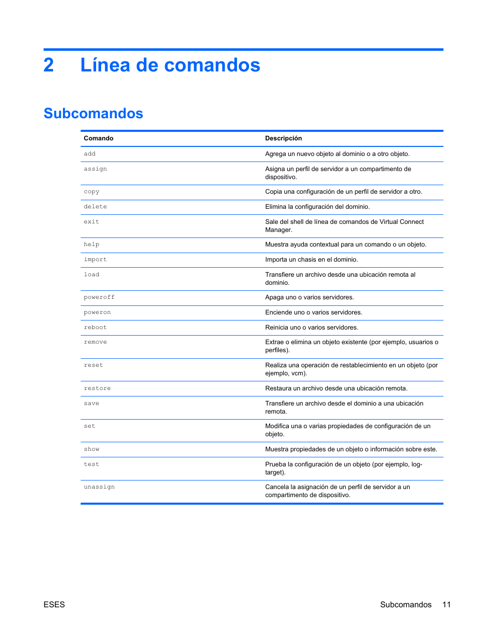 Línea de comandos, Subcomandos, 2 línea de comandos | 2línea de comandos | HP Módulo de conexión virtual HP FlexFabric de 10 Gb24 puertos para BladeSystem clase-c User Manual | Page 18 / 268