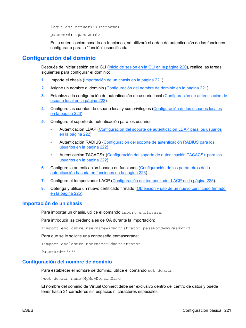 Configuración del dominio, Importación de un chasis, Configuración del nombre de dominio | HP Módulo de conexión virtual HP FlexFabric de 10 Gb24 puertos para BladeSystem clase-c User Manual | Page 228 / 268