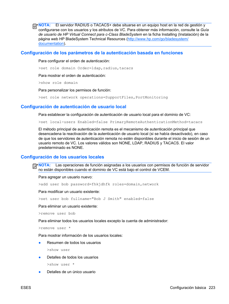 Configuración de autenticación de usuario local, Configuración de los usuarios locales, Configuración de autenticación de | Configuración de los parámetros de la | HP Módulo de conexión virtual HP FlexFabric de 10 Gb24 puertos para BladeSystem clase-c User Manual | Page 230 / 268