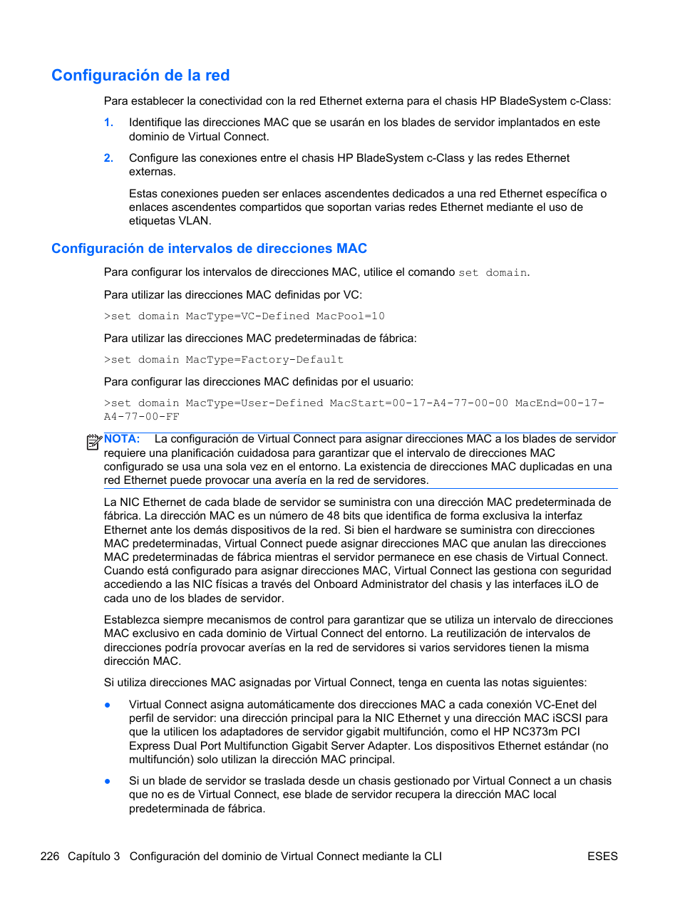 Configuración de la red, Configuración de intervalos de direcciones mac | HP Módulo de conexión virtual HP FlexFabric de 10 Gb24 puertos para BladeSystem clase-c User Manual | Page 233 / 268