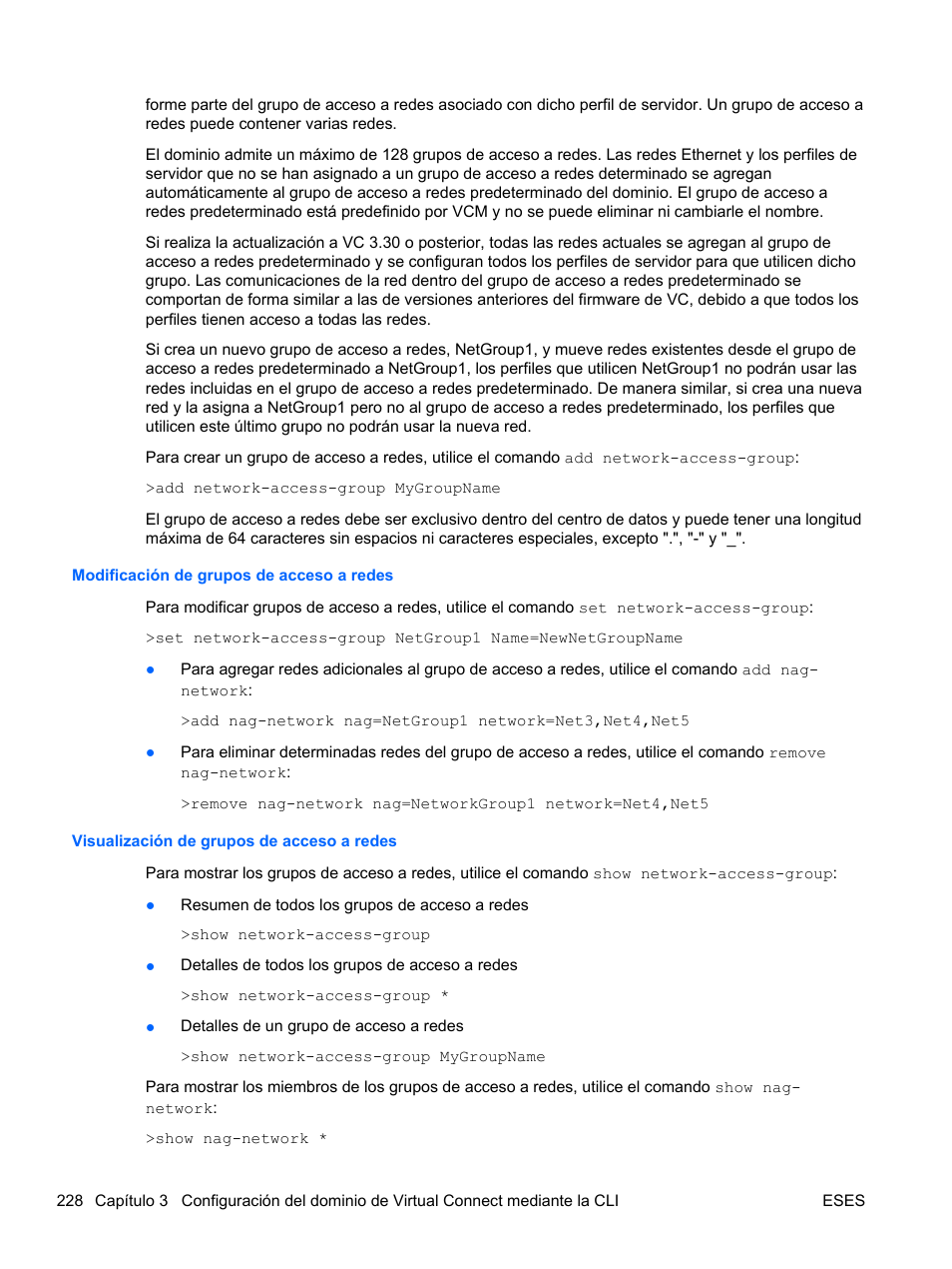 Modificación de grupos de acceso a redes, Visualización de grupos de acceso a redes | HP Módulo de conexión virtual HP FlexFabric de 10 Gb24 puertos para BladeSystem clase-c User Manual | Page 235 / 268