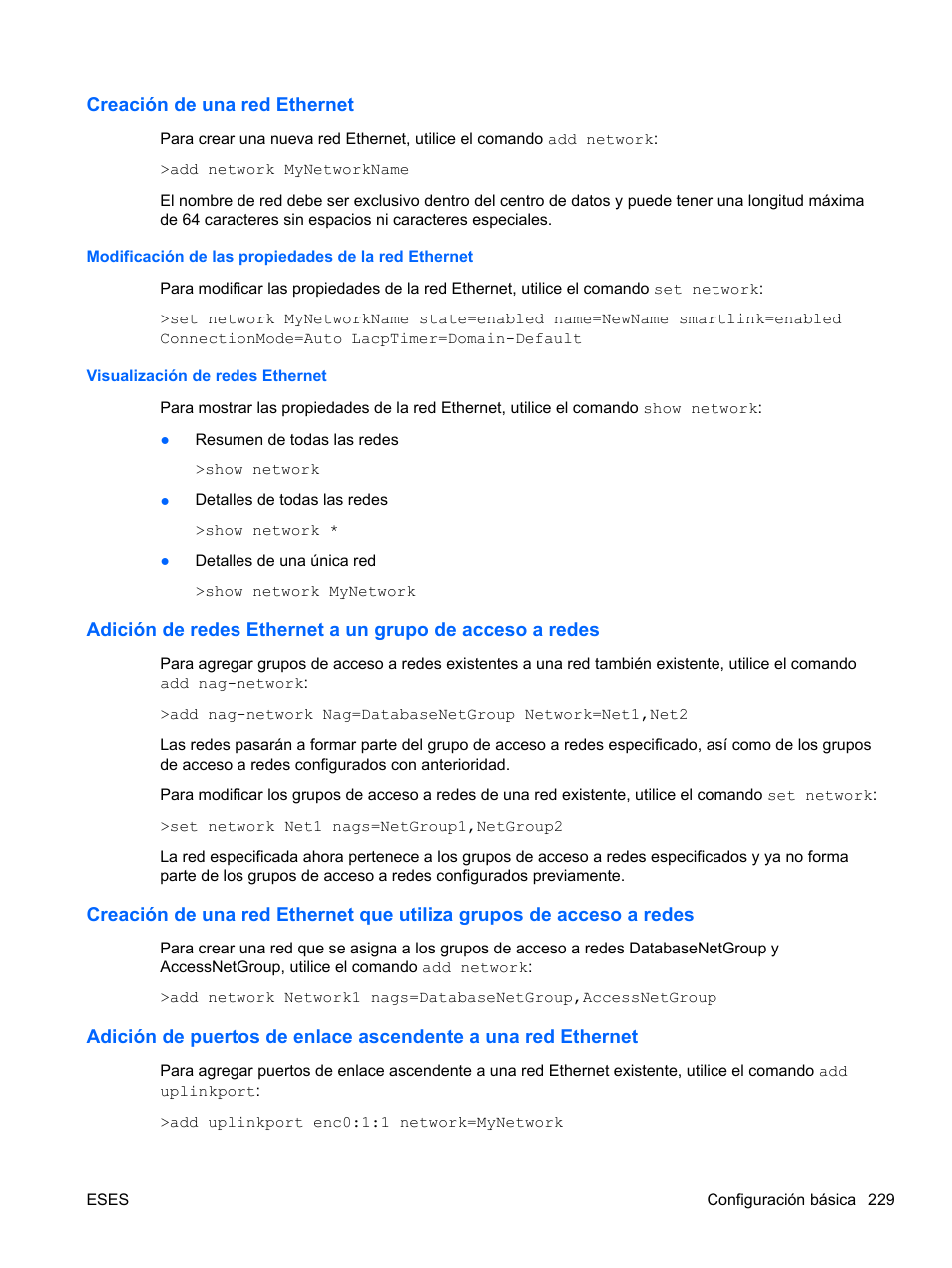 Creación de una red ethernet, Modificación de las propiedades de la red ethernet, Visualización de redes ethernet | HP Módulo de conexión virtual HP FlexFabric de 10 Gb24 puertos para BladeSystem clase-c User Manual | Page 236 / 268