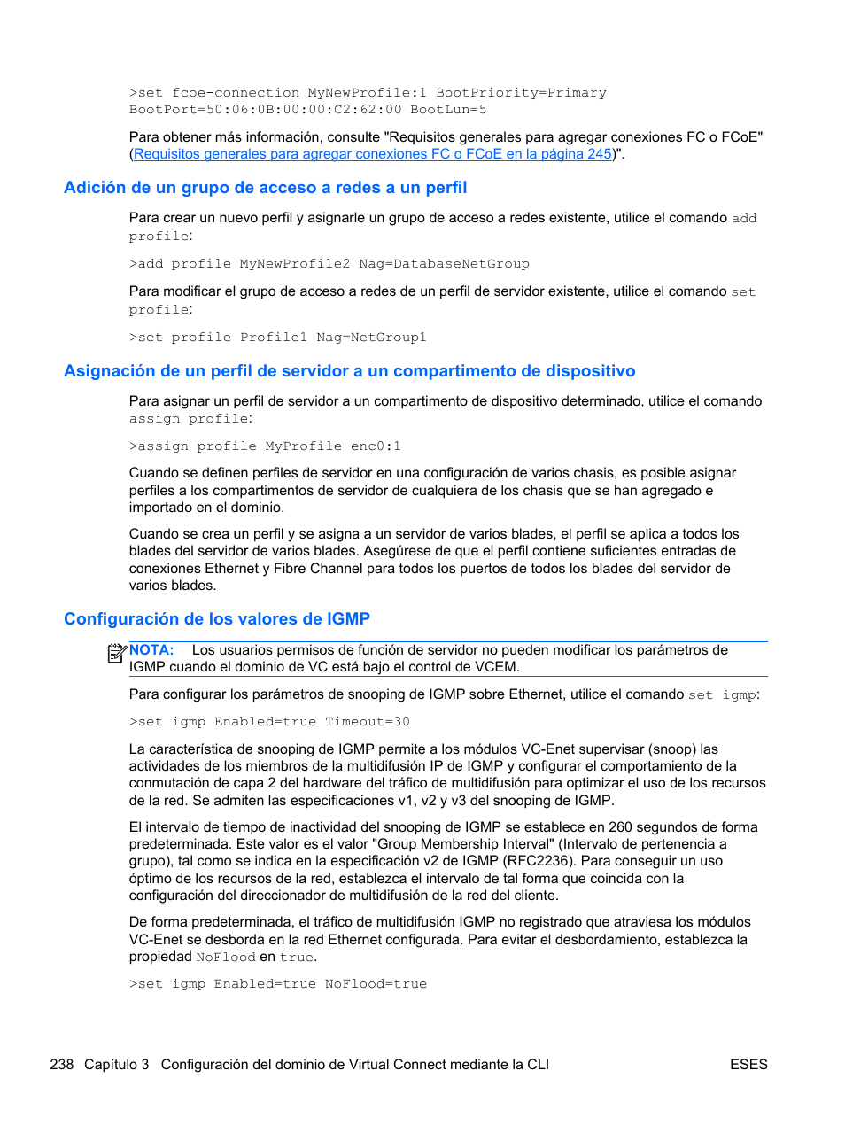 Adición de un grupo de acceso a redes a un perfil, Configuración de los valores de igmp | HP Módulo de conexión virtual HP FlexFabric de 10 Gb24 puertos para BladeSystem clase-c User Manual | Page 245 / 268