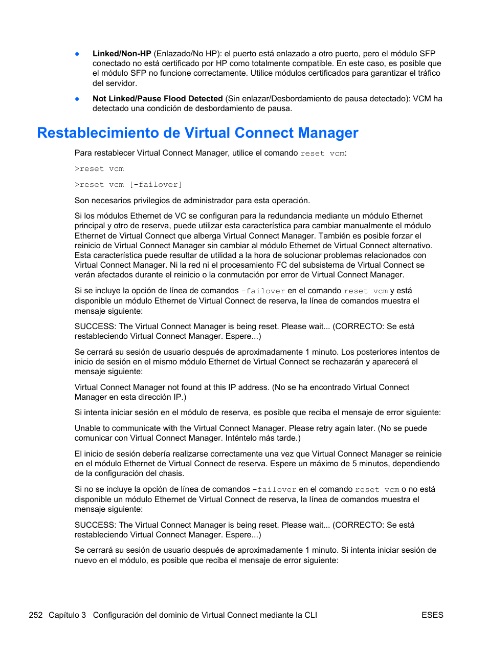 Restablecimiento de virtual connect manager | HP Módulo de conexión virtual HP FlexFabric de 10 Gb24 puertos para BladeSystem clase-c User Manual | Page 259 / 268