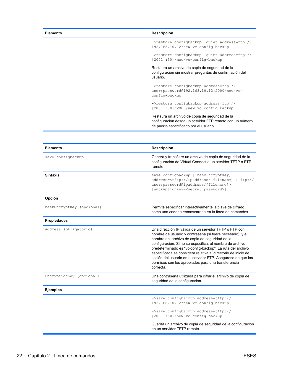 22 capítulo 2 línea de comandos eses | HP Módulo de conexión virtual HP FlexFabric de 10 Gb24 puertos para BladeSystem clase-c User Manual | Page 29 / 268