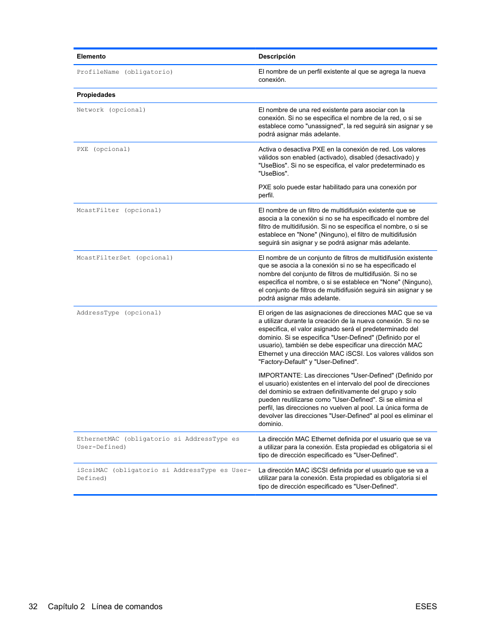 32 capítulo 2 línea de comandos eses | HP Módulo de conexión virtual HP FlexFabric de 10 Gb24 puertos para BladeSystem clase-c User Manual | Page 39 / 268