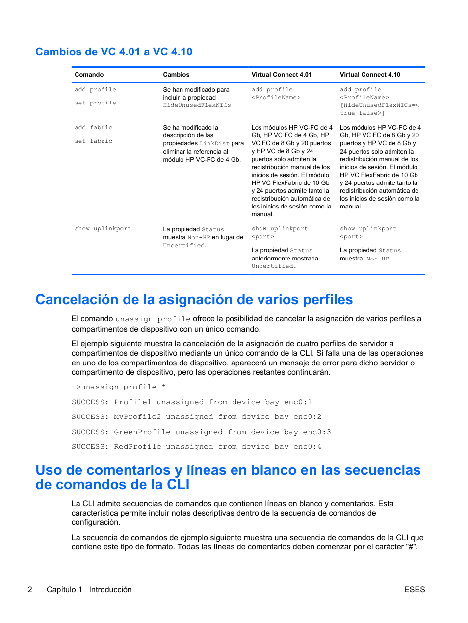 Cambios de vc 4.01 a vc 4.10, Cancelación de la asignación de varios perfiles | HP Módulo de conexión virtual HP FlexFabric de 10 Gb24 puertos para BladeSystem clase-c User Manual | Page 9 / 268