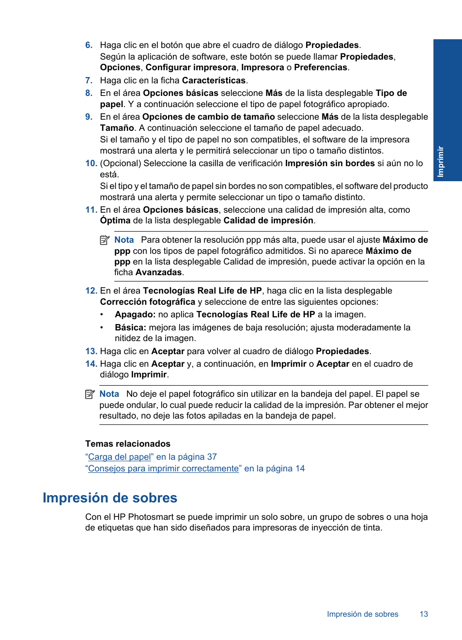 Impresión de sobres | HP Impresora e-Todo-en-Uno HP Photosmart inalámbrica - B110e User Manual | Page 15 / 62