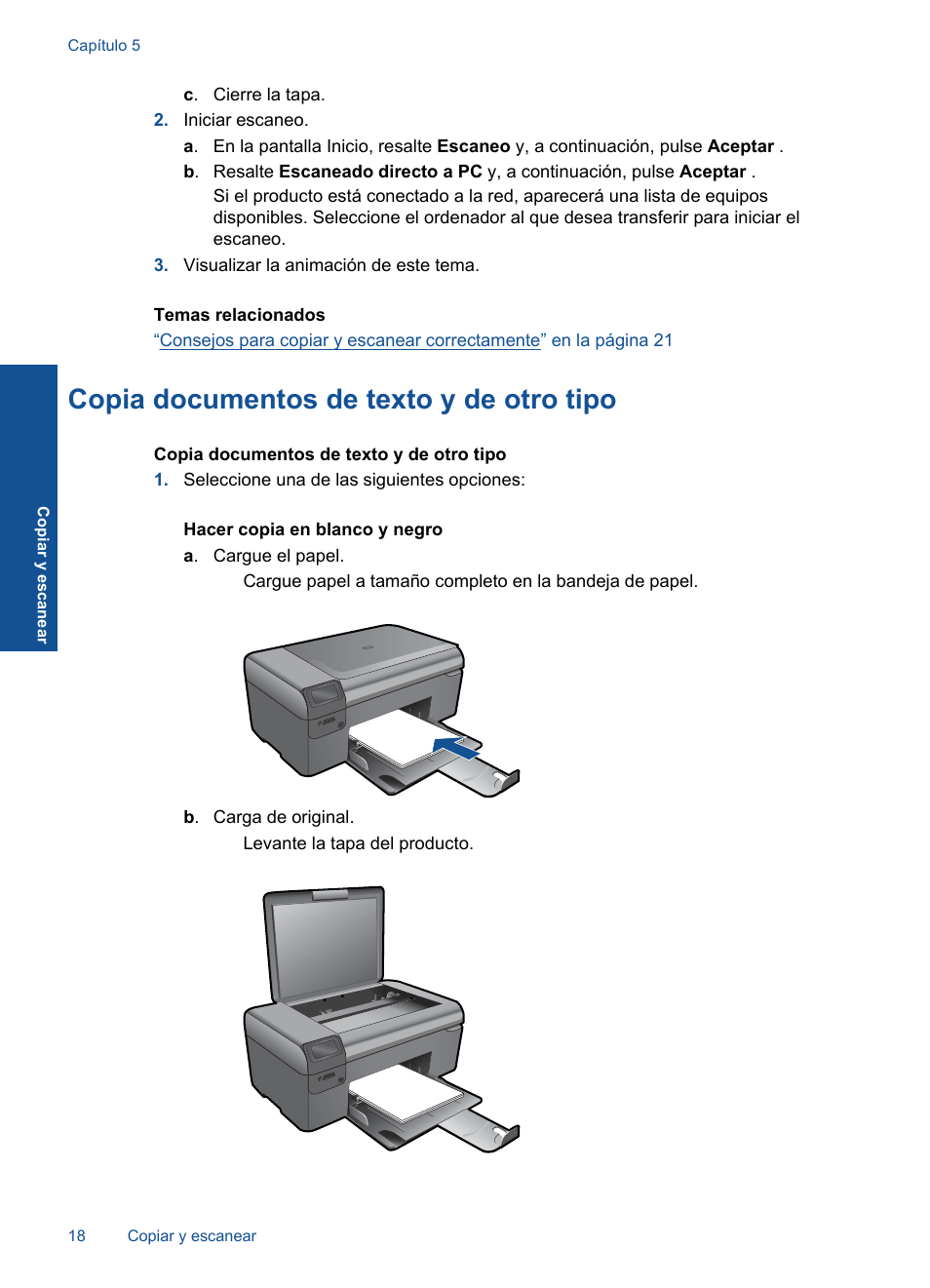 Copia documentos de texto y de otro tipo | HP Impresora e-Todo-en-Uno HP Photosmart inalámbrica - B110e User Manual | Page 20 / 62