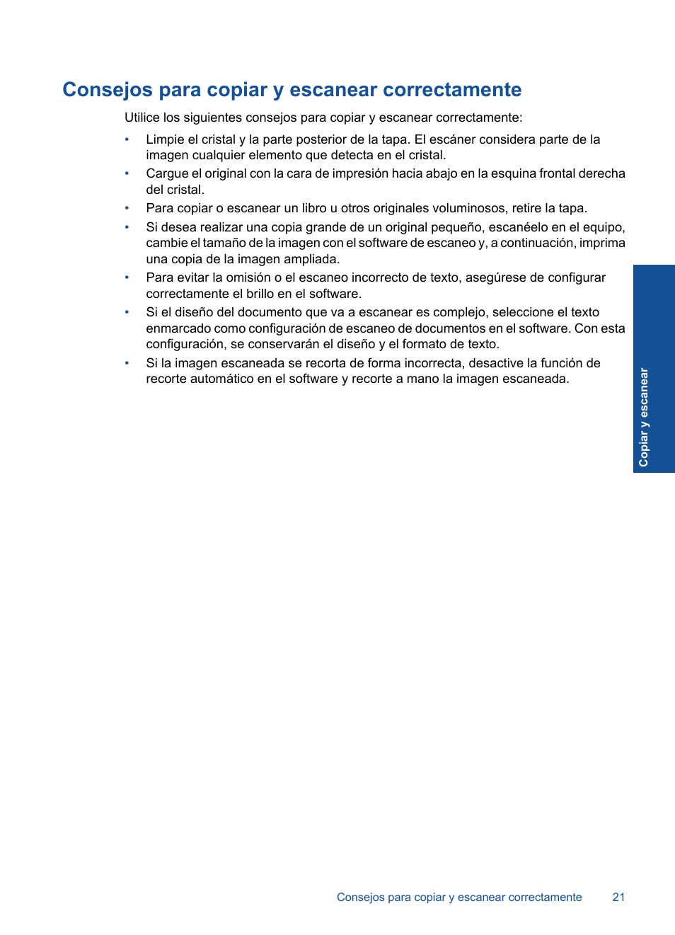 Consejos para copiar y escanear correctamente | HP Impresora e-Todo-en-Uno HP Photosmart inalámbrica - B110e User Manual | Page 23 / 62