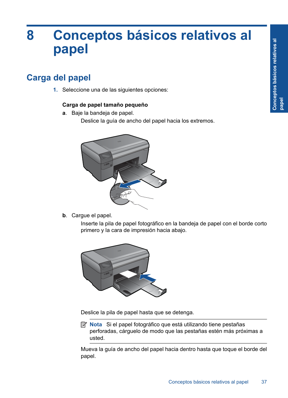 8conceptos básicos relativos al papel, Carga del papel | HP Impresora e-Todo-en-Uno HP Photosmart inalámbrica - B110e User Manual | Page 39 / 62