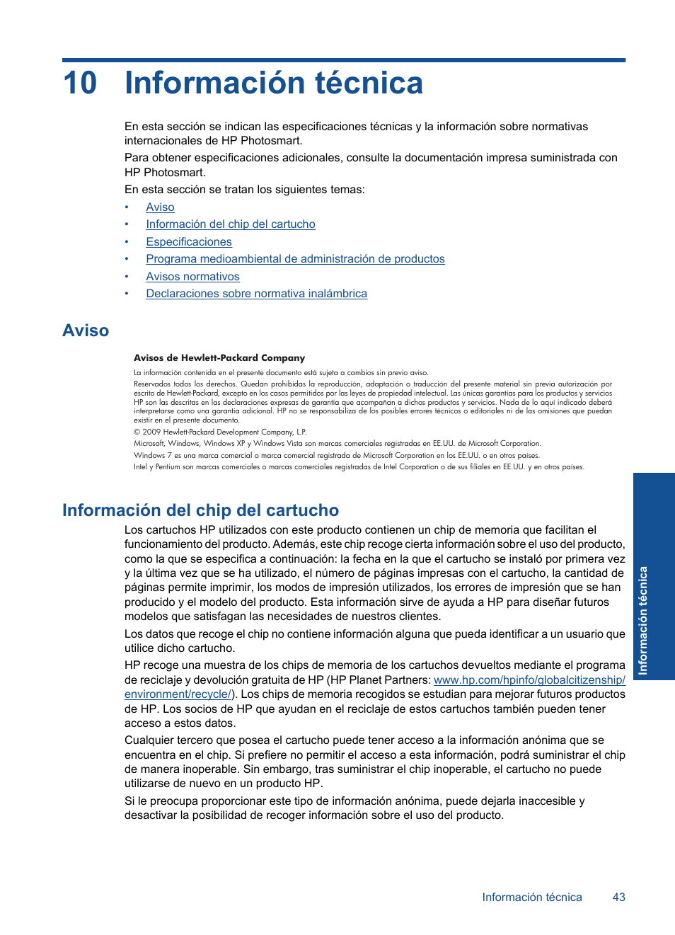 Información técnica, Aviso, Información del chip del cartucho | 10 información técnica, Aviso información del chip del cartucho | HP Impresora e-Todo-en-Uno HP Photosmart inalámbrica - B110e User Manual | Page 45 / 62