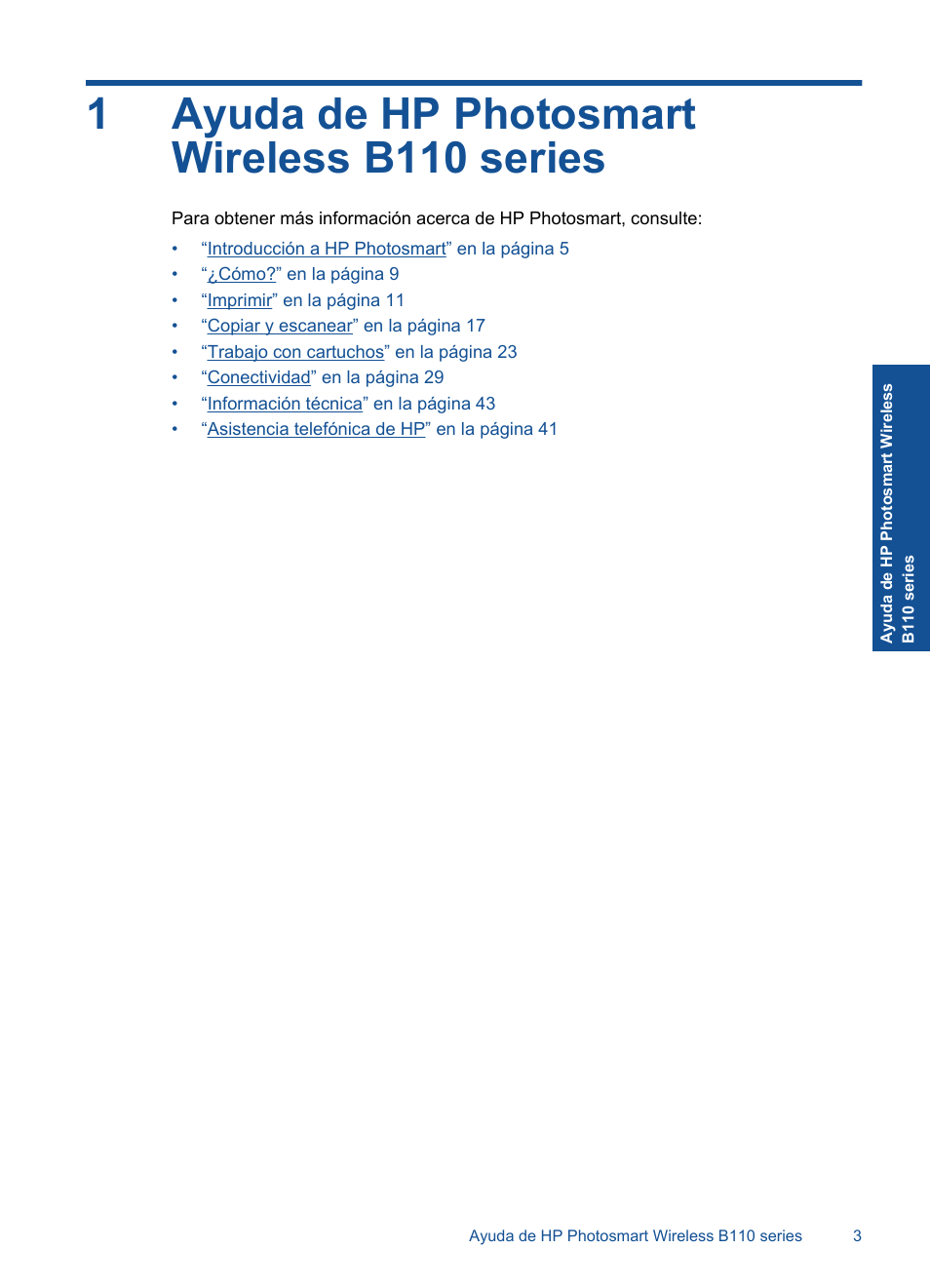 Ayuda de hp photosmart wireless b110 series, 1 ayuda de hp photosmart wireless b110 series, 1ayuda de hp photosmart wireless b110 series | HP Impresora e-Todo-en-Uno HP Photosmart inalámbrica - B110e User Manual | Page 5 / 62