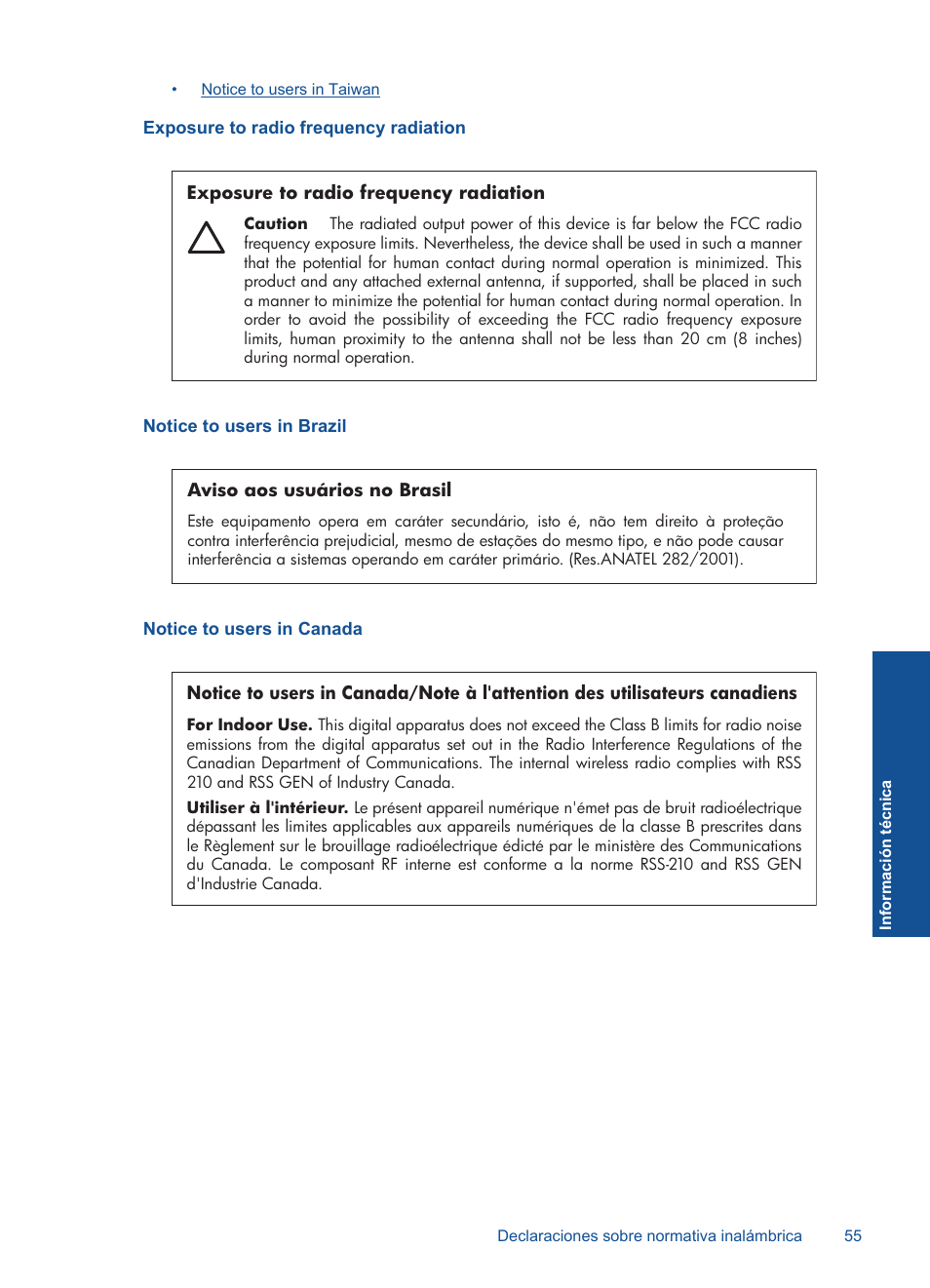 Exposure to radio frequency radiation, Notice to users in brazil, Notice to users in canada | HP Impresora e-Todo-en-Uno HP Photosmart inalámbrica - B110e User Manual | Page 57 / 62