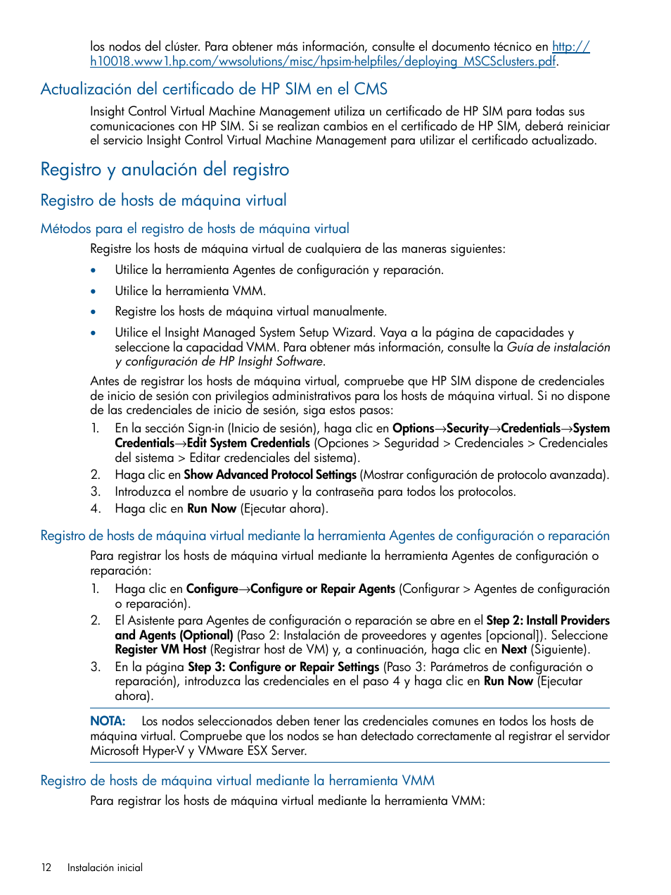 Actualización del certificado de hp sim en el cms, Registro y anulación del registro, Registro de hosts de máquina virtual | HP Software HP Insight Control para Linux User Manual | Page 12 / 60