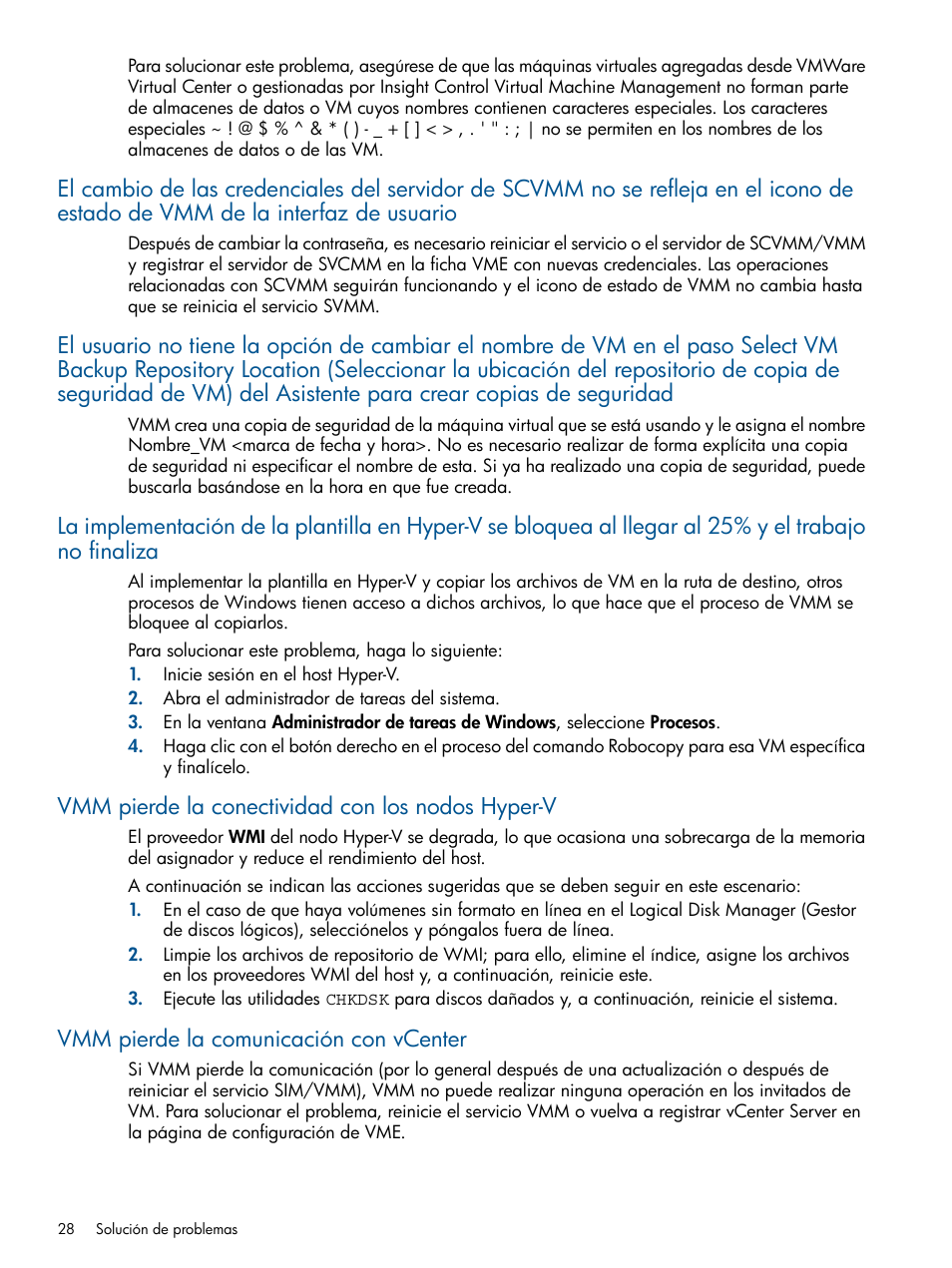 Vmm pierde la conectividad con los nodos hyper-v, Vmm pierde la comunicación con vcenter | HP Software HP Insight Control para Linux User Manual | Page 28 / 60