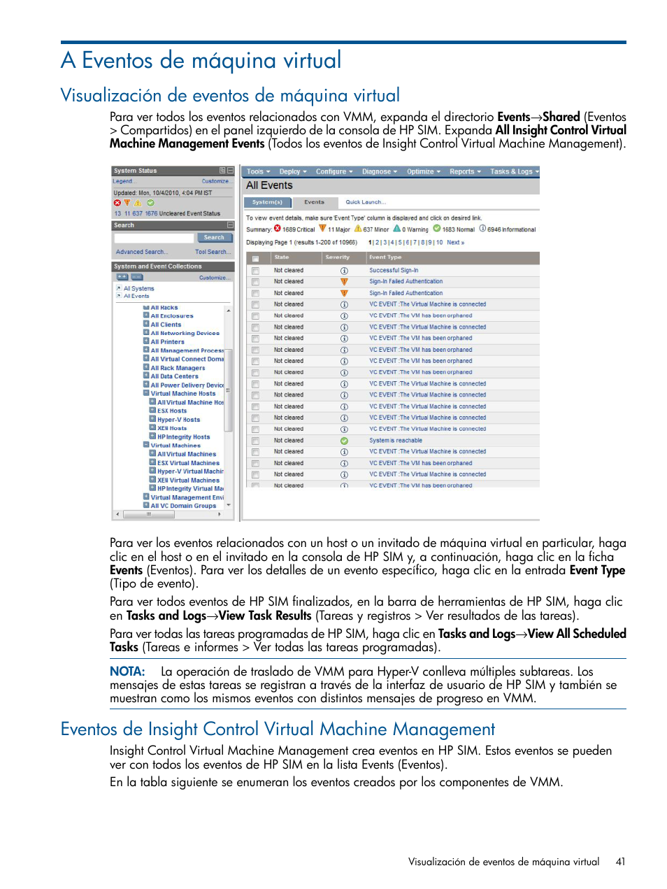 A eventos de máquina virtual, Visualización de eventos de máquina virtual | HP Software HP Insight Control para Linux User Manual | Page 41 / 60