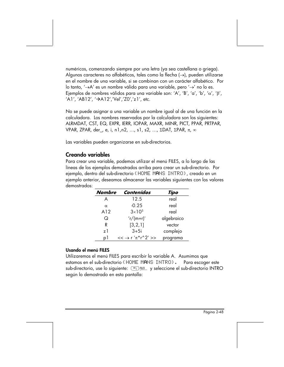 Creando variables | HP 48gII Graphing Calculator User Manual | Page 108 / 892