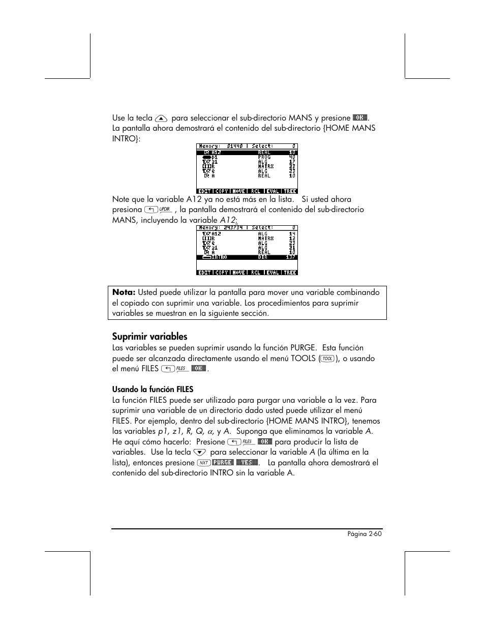 Suprimir variables | HP 48gII Graphing Calculator User Manual | Page 120 / 892