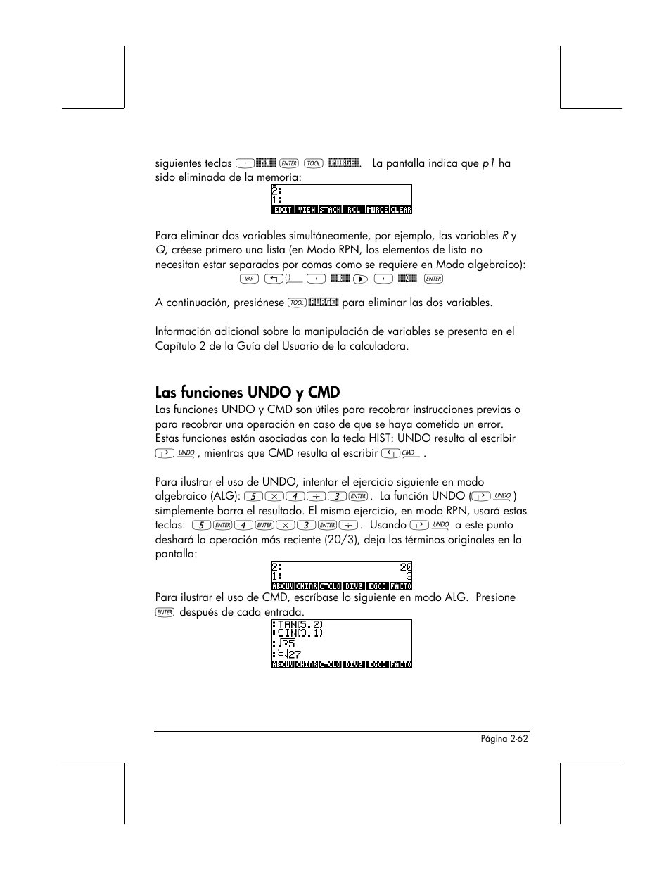 Las funciones undo y cmd | HP 48gII Graphing Calculator User Manual | Page 122 / 892