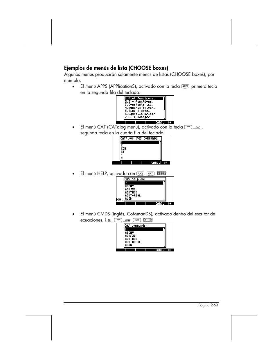 Ejemplos de menus de lista (choose boxes) | HP 48gII Graphing Calculator User Manual | Page 129 / 892