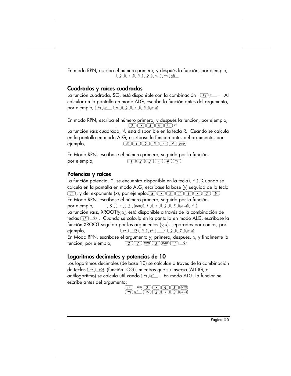 Cuadrados y raices cuadradas, Potencias y raices, Logaritmos decimales y potencias de 10 | HP 48gII Graphing Calculator User Manual | Page 134 / 892