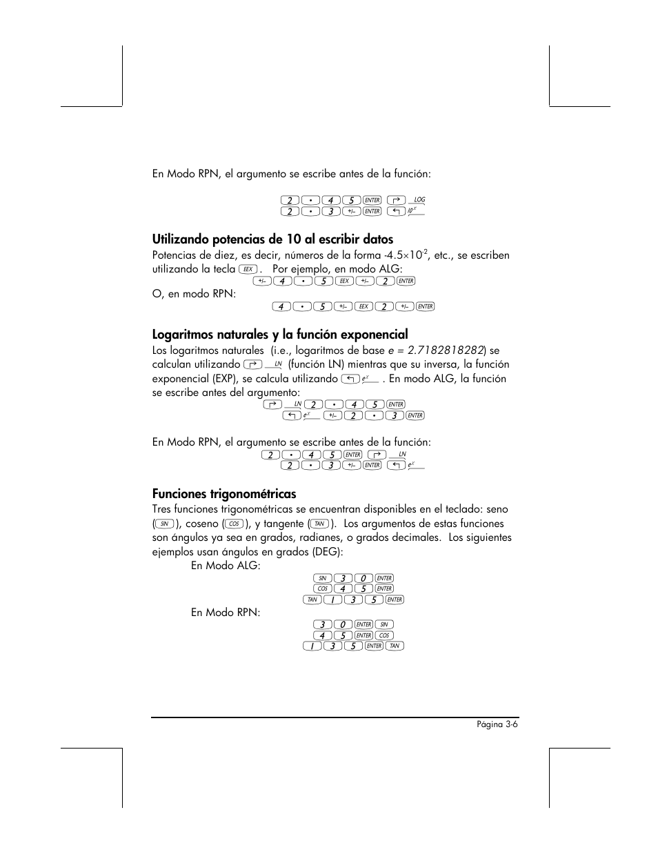 Utilizando potencias de 10 al escribir datos, Logaritmos naturales y la funcion exponencial, Funciones trigonometricas | HP 48gII Graphing Calculator User Manual | Page 135 / 892