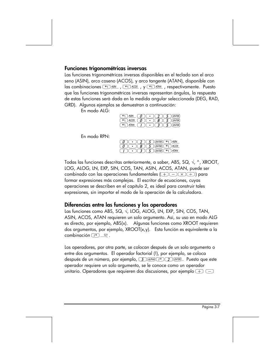 Funciones trigonometricas inversas, Diferencias entre las funciones y los operadores | HP 48gII Graphing Calculator User Manual | Page 136 / 892