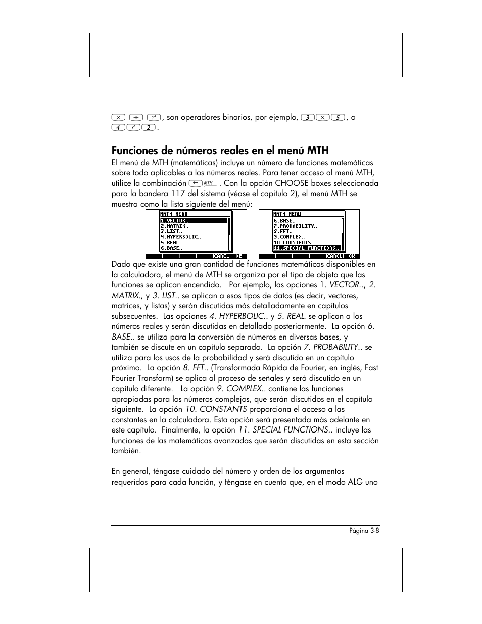 Funciones de numeros reales en el menu mth, Funciones de números reales en el menú mth | HP 48gII Graphing Calculator User Manual | Page 137 / 892