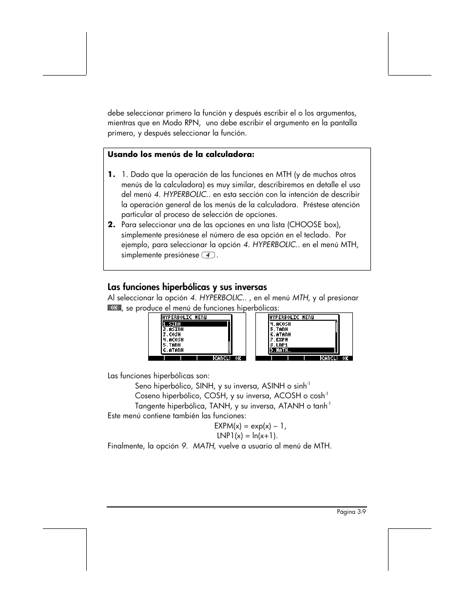 Las funciones hiperbolicas y sus inversas, Las funciones hiperbólicas y sus inversas | HP 48gII Graphing Calculator User Manual | Page 138 / 892