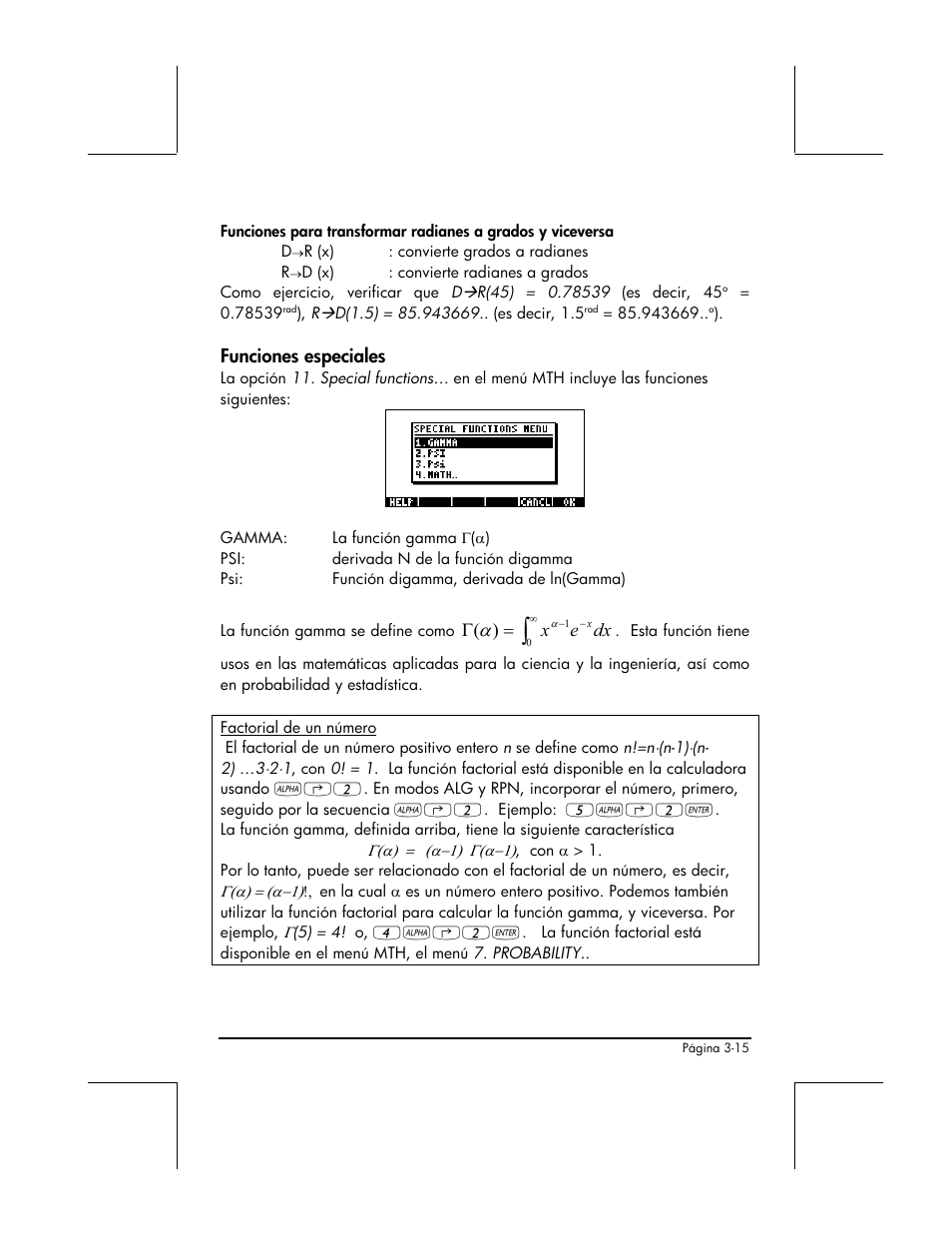 Funciones especiales | HP 48gII Graphing Calculator User Manual | Page 144 / 892